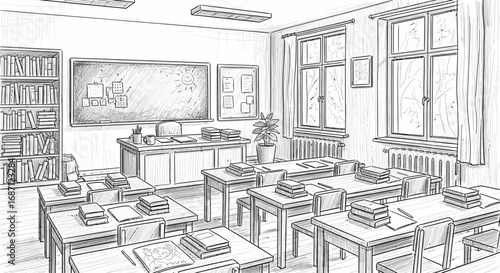 Sketch illustration capturing the essence of a classroom environment interior
