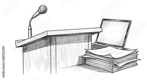 Sketch illustration featuring a podium, microphone, laptop and documents