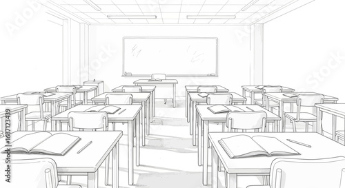 Sketch illustration of an empty classroom with desks and a whiteboard