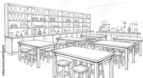 Sketch illustration of a science laboratory classroom with tables and stools