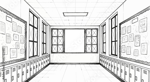 Sketch Illustration of an Empty School Hallway with Lockers and Bulletin Boards
