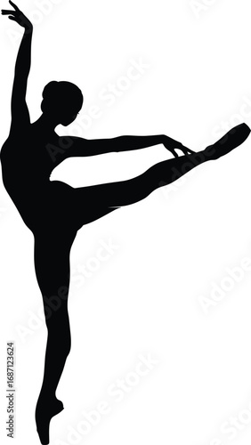 Ballet dancer silhouette performing elegant pose, ballerina in pointe shoes, graceful dance illustration, classical performance art, vector black outline design