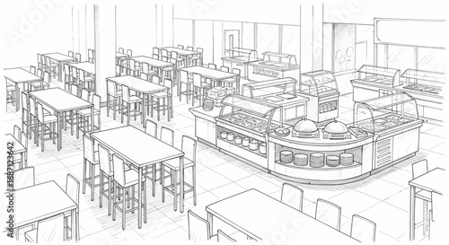 Sketch of a brightly lit cafeteria layout with serving stations and tables