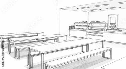 Sketch of a canteen interior with tables, benches, and food display area