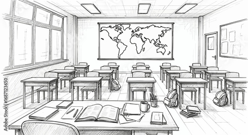 Sketch of a bright school classroom with desk and world map display
