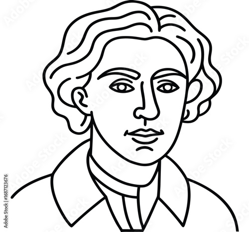 Smiling black and white cartoon vector art of a business person's head and shoulders