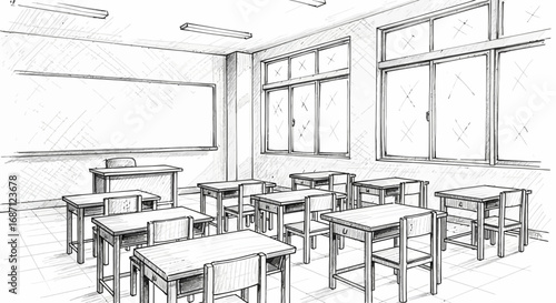 Sketch of a classic classroom setup with desks and a teacher's podium