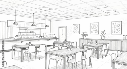 Sketch of a modern cafeteria interior with minimalist design elements