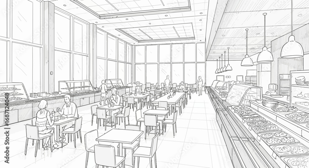 Fototapeta premium Sketch of an expansive cafeteria, bathed in natural light with diverse patrons