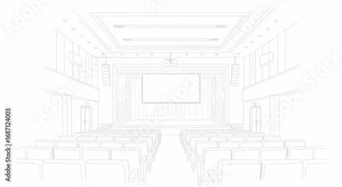 Sketch of an empty auditorium showcasing its architectural details and seating