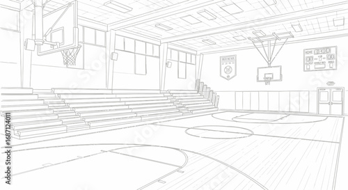 Sketch of an Empty School Gym with Bleachers and Basketball Hoops