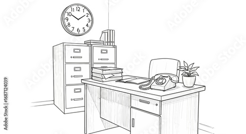 Sketch of an office interior with desk, chair and filing cabinet