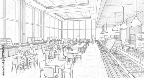 Sketch of an expansive cafeteria, bathed in natural light with diverse patrons