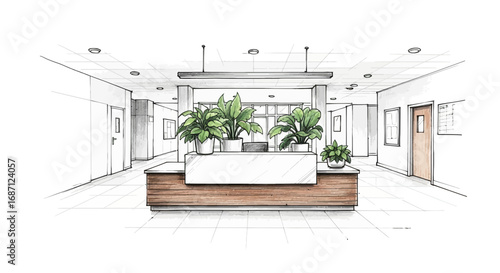 Sketch of an office building's reception area with plants and decor