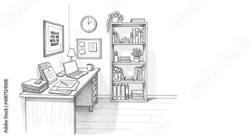 Sketch of an organized workspace with desk, laptop, and bookshelf illustration