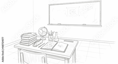 Sketch of classic classroom interior with desk, books, globe and chalkboard
