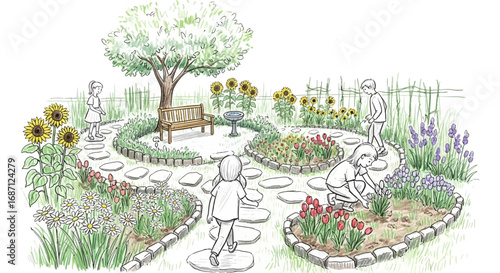 Sketch style garden with children, flowers, path and garden bench scene