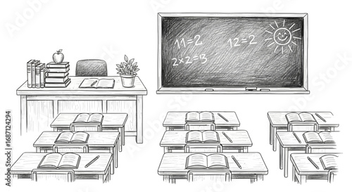 Sketch style illustration of a classroom with desks and blackboard