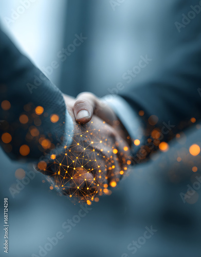 Two business people shake hands, partnership, trust, global connection. Digital network background with glowing nodes represents economic trade, collaboration, future growth. Image signifies