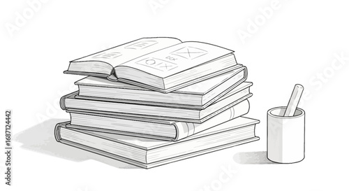 Stack of books with an open book and a pencil in a cup illustration