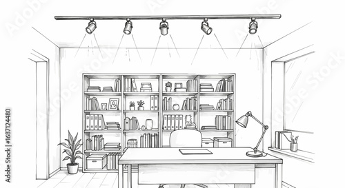 Sophisticated home office sketch with bookshelf and directional lighting