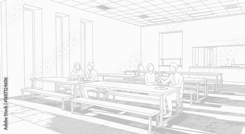 Stylized cafeteria scene with diverse groups of people engaging in conversations