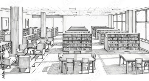 Stylized rendition of an academic library interior, illustrated with detail