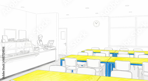 Stylized School Cafeteria Interior Sketch with Server and Yellow Tables