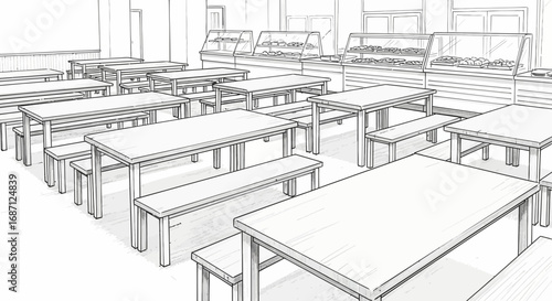 Stylized School Cafeteria Interior Sketch with Tables and Serving Counter