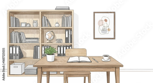 Warm and inviting study room with bookshelf and abstract wall art design