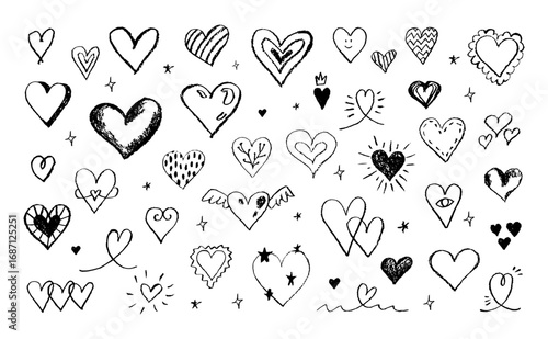 Hand drawn chalk hearts set. Black and White monochrome vector collection