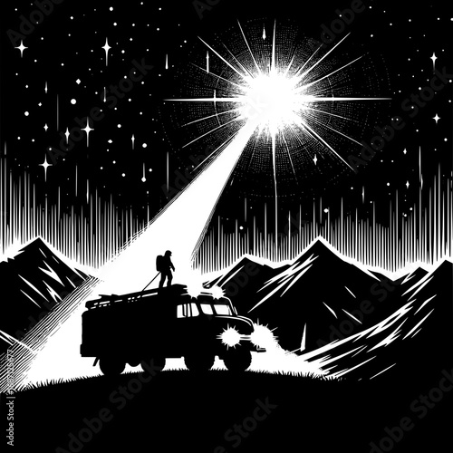 Black and White Vector Silhouette of Searchlight in Rescue Operation