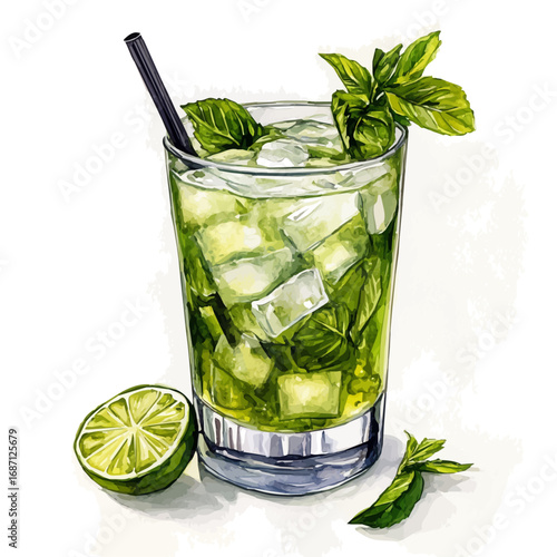 Mojito, watercolor drawing vector, isolated on a white background.