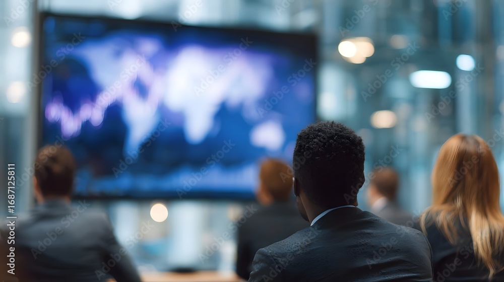 Fototapeta premium Professionals observing a large screen displaying global markets performance during a business meeting