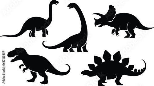 Dinosaur silhouette vector set, prehistoric creatures illustration, black dino icons collection, Jurassic animals clipart, extinct reptiles isolated graphic