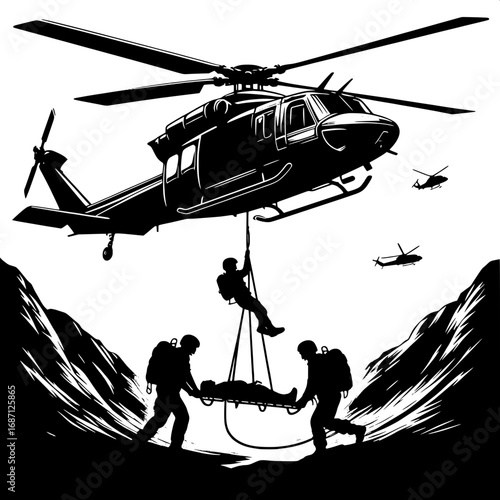 Black and White Vector Silhouette of Helicopter Airlifting Stretcher