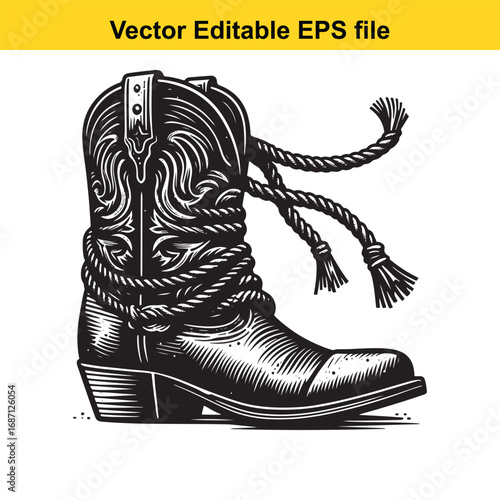 Black and white cowboy boot with rope isolated on white background