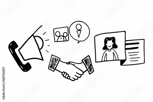 Vector hand drawn doodle sketch of sales and customer relations activities isolated on white background