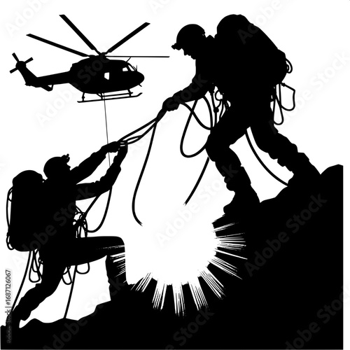 Black and White Vector Silhouette of Rescuer Pulling Rope