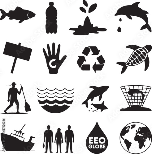 Environmental conservation and pollution protest icons Keywords: fish, plastic bottle, water