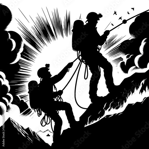 Black and White Vector Silhouette of Rescuer Pulling Rope