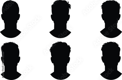 Black male silhouette portraits, faceless man head shapes, modern hairstyle profiles, anonymous vector avatars, human face outlines, dark shadow graphic illustration