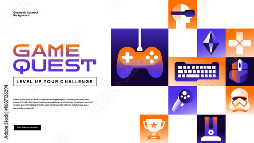 Game Quest Banner with Joysticks, Consoles, and Gaming Icons – Modern Vector Layout for Streaming and Events