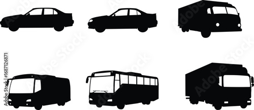 Vehicle silhouettes, car, truck, bus, transportation icons, black graphic set, commercial, urban, compact, fleet, isolated, automotive, delivery, passenger, travel, minimal