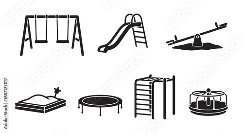 Set of six playground equipment elements isolated on white background