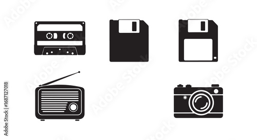 Retro audio visual device icons set vintage technology isolated on white background