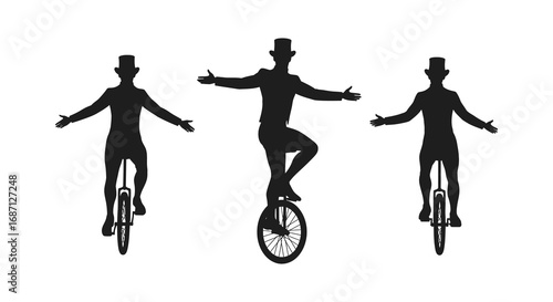 three silhouetted figures riding unicycles with top hats