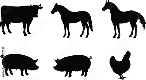 Silhouettes of farm animals including cow, horse, pig, and chicken, agricultural livestock icons, black animal vector illustrations
