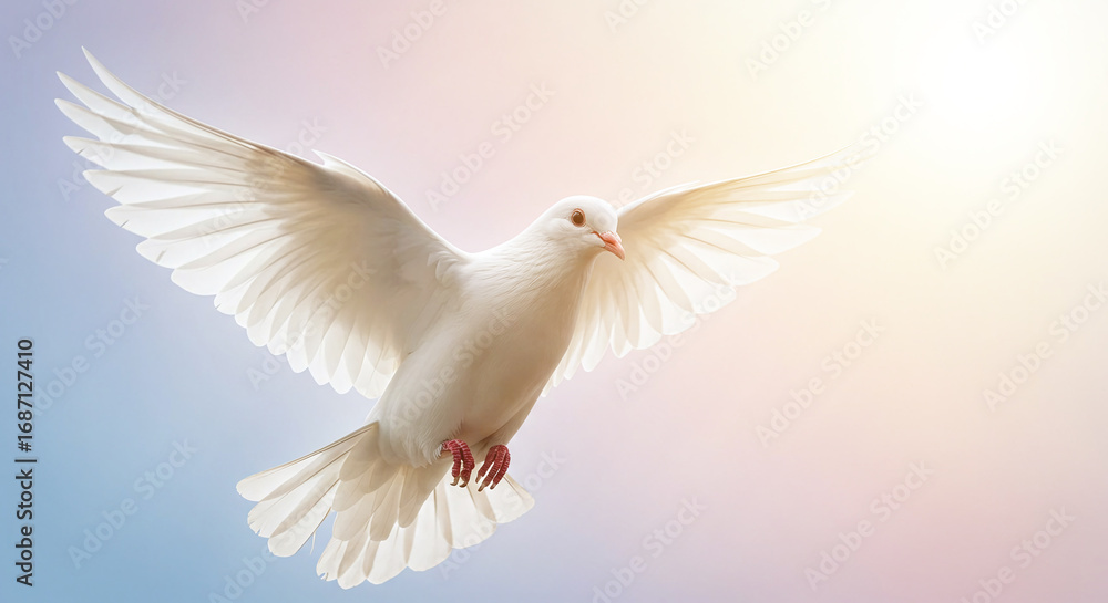Fototapeta premium Close of a white dove symbolizing the Holy Spirit, faith, and Christian devotion
