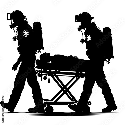 Black and White Vector Silhouette of Paramedics Carrying Stretcher